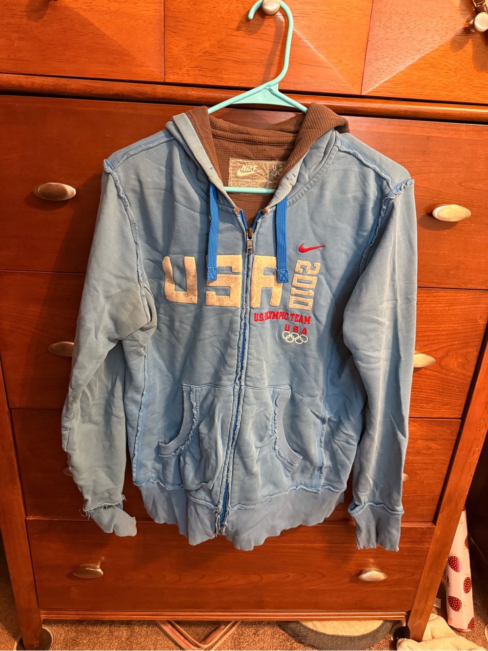 Nike Light Blue USA Olympic Zip Hoodie Jacket with Red Logo Accents